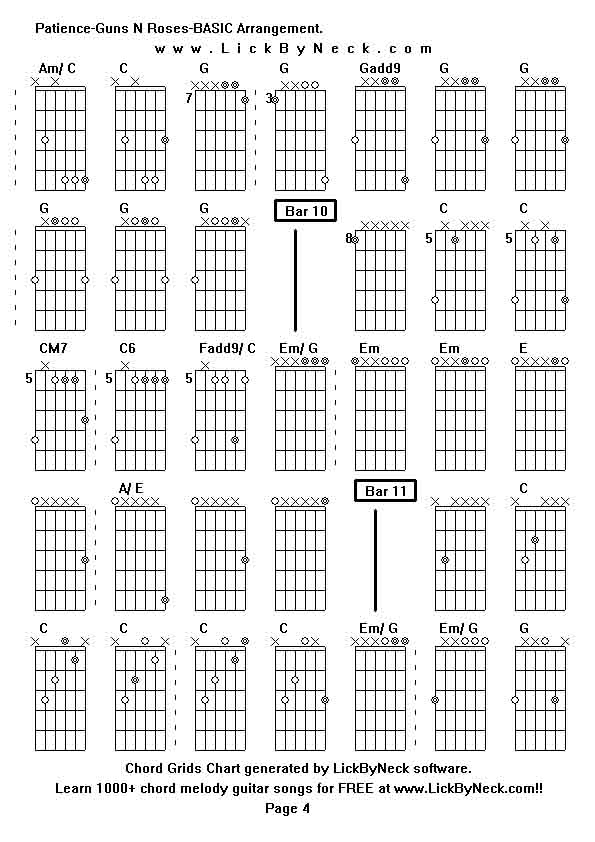 Chord Grids Chart of chord melody fingerstyle guitar song-Patience-Guns N Roses-BASIC Arrangement,generated by LickByNeck software.